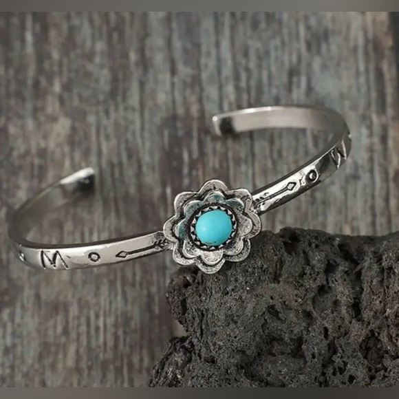 Silver Plated Floral Boho Bracelet with Turquoise Accent - Picture 2 of 5